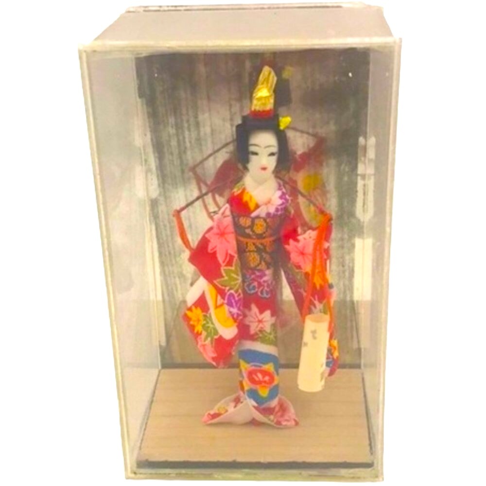 Vintage 50’s Japanese Geisha Doll wearing red kimono in Glass Case